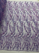 Feather And Vine Beaded Lace Fabric - Feather And Vine Pattern, 54" Width (1 Yard)