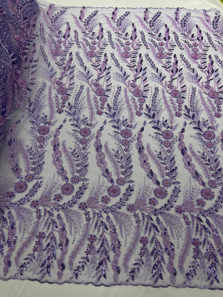 Feather And Vine Beaded Lace Fabric - Feather And Vine Pattern, 54" Width (1 Yard)