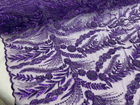 Feather And Vine Beaded Lace Fabric - Feather And Vine Pattern, 54" Width (1 Yard)
