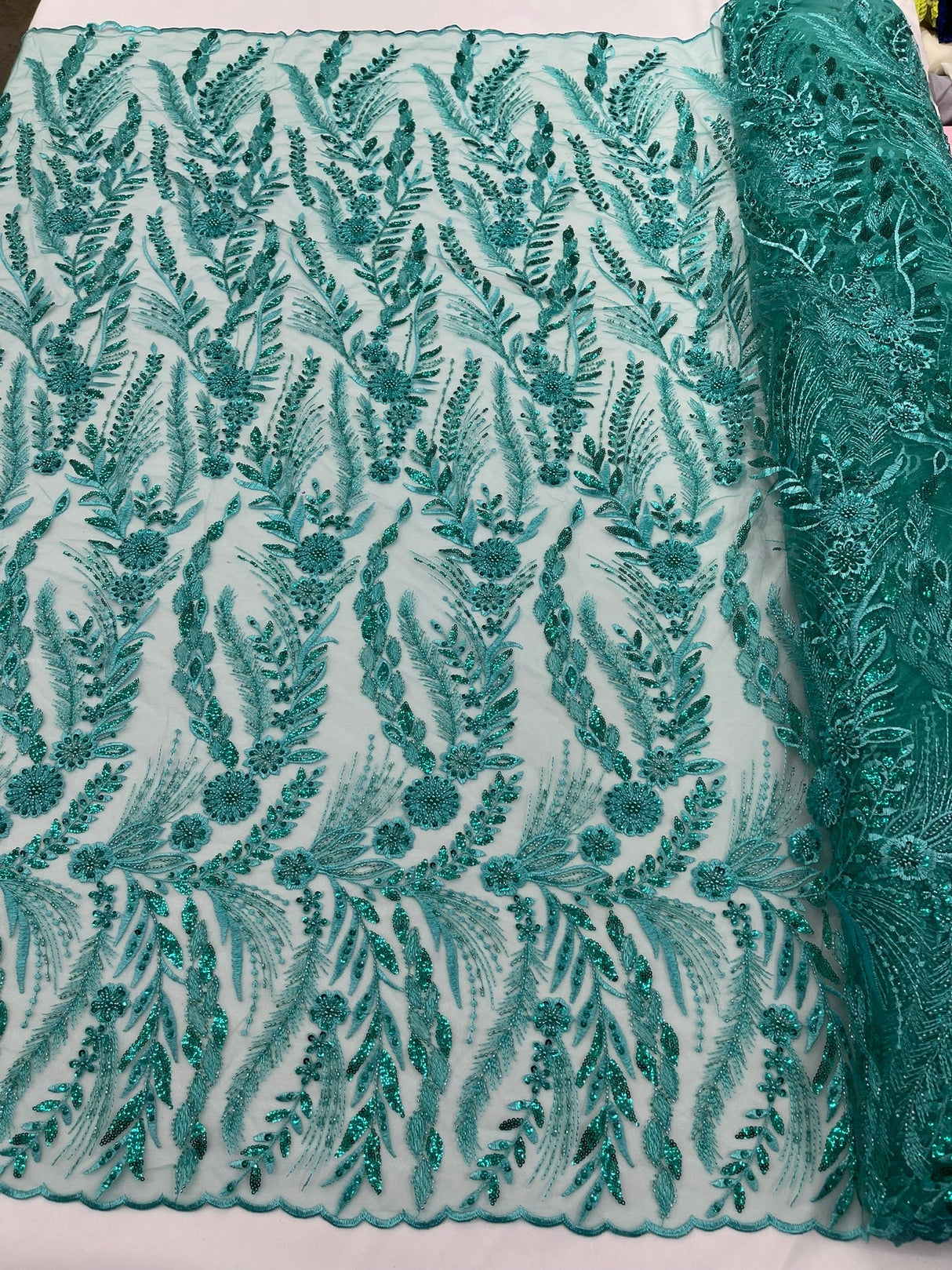 Feather And Vine Beaded Lace Fabric - Feather And Vine Pattern, 54" Width (1 Yard)