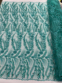 Feather And Vine Beaded Lace Fabric - Feather And Vine Pattern, 54" Width (1 Yard)