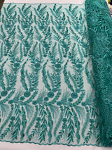 Feather And Vine Beaded Lace Fabric - Feather And Vine Pattern, 54" Width (1 Yard)