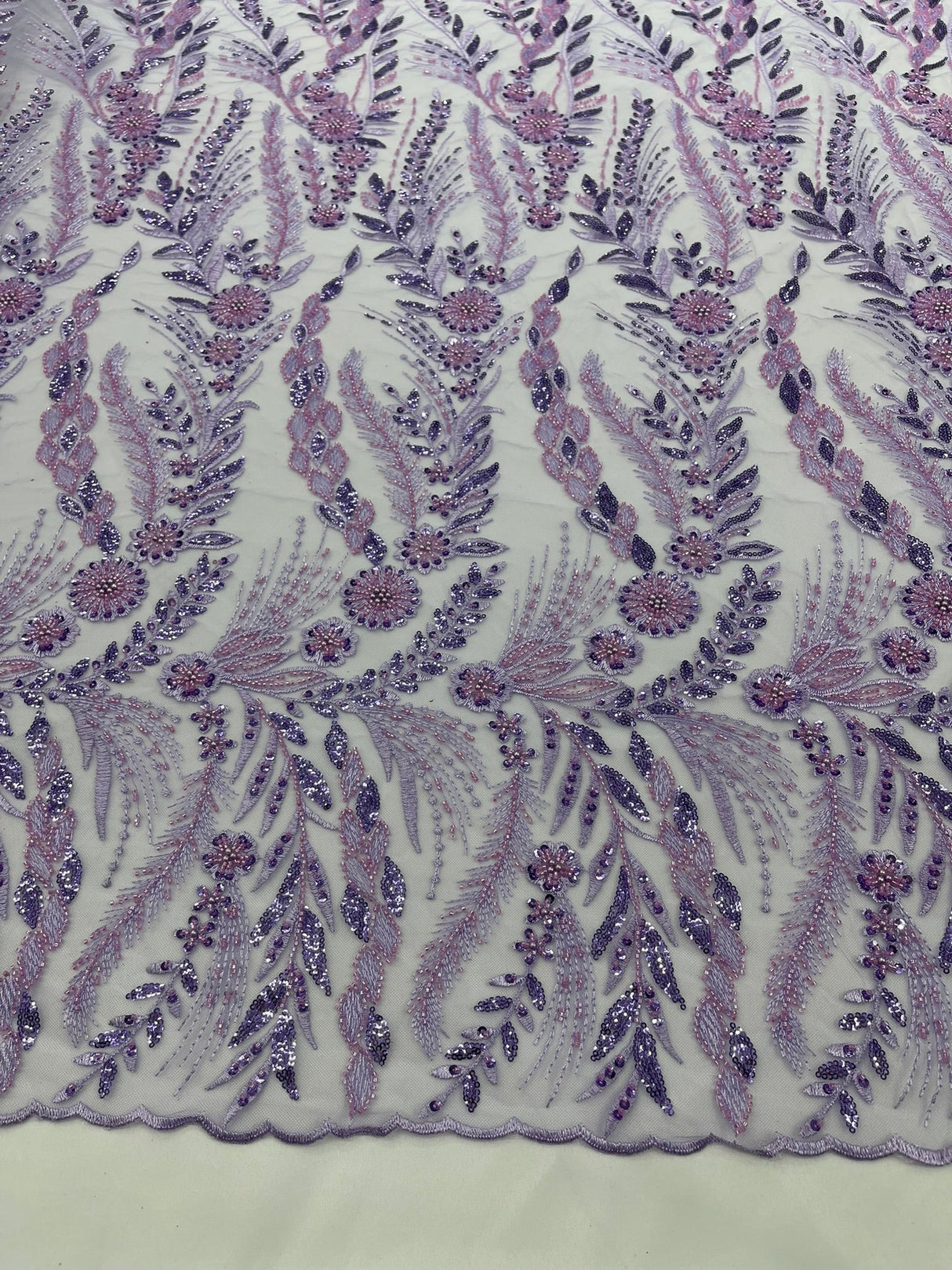 Feather And Vine Beaded Lace Fabric - Feather And Vine Pattern, 54" Width (1 Yard)