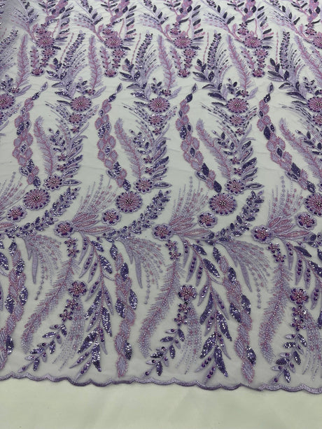 Feather And Vine Beaded Lace Fabric - Feather And Vine Pattern, 54" Width (1 Yard)