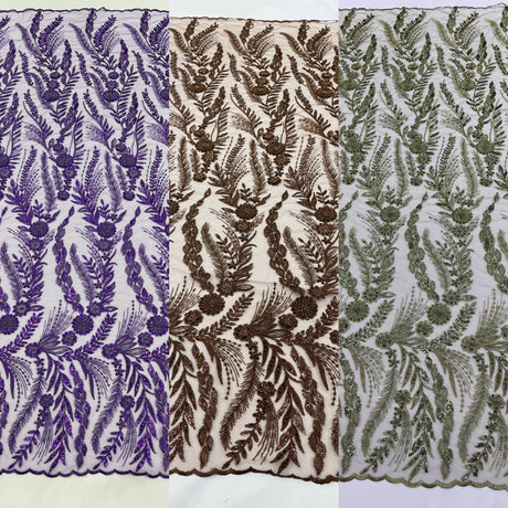 Feather And Vine Beaded Lace Fabric - Feather And Vine Pattern, 54" Width (1 Yard)
