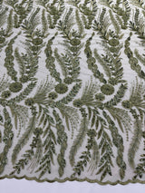 Feather And Vine Beaded Lace Fabric - Feather And Vine Pattern, 54" Width (1 Yard)