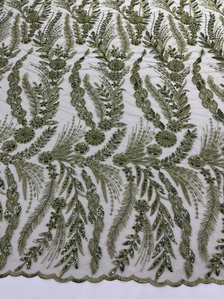 Feather And Vine Beaded Lace Fabric - Feather And Vine Pattern, 54" Width (1 Yard)