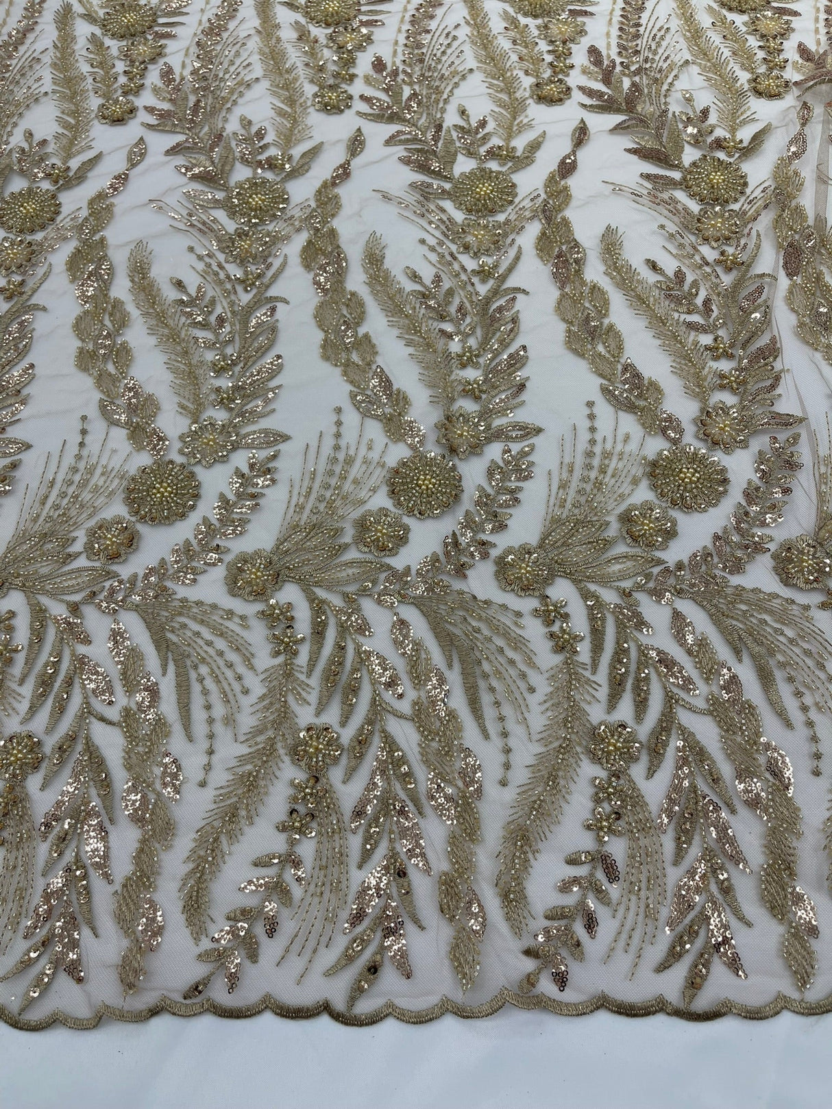 Feather And Vine Beaded Lace Fabric - Feather And Vine Pattern, 54" Width (1 Yard)