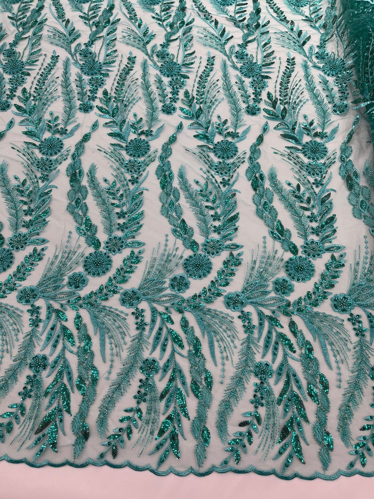 Feather And Vine Beaded Lace Fabric - Feather And Vine Pattern, 54" Width (1 Yard)