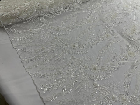 Feather And Vine Beaded Lace Fabric - Feather And Vine Pattern, 54" Width (1 Yard)