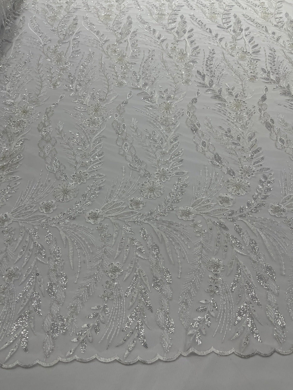 Feather And Vine Beaded Lace Fabric - Feather And Vine Pattern, 54" Width (1 Yard)