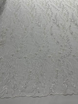 Feather And Vine Beaded Lace Fabric - Feather And Vine Pattern, 54" Width (1 Yard)