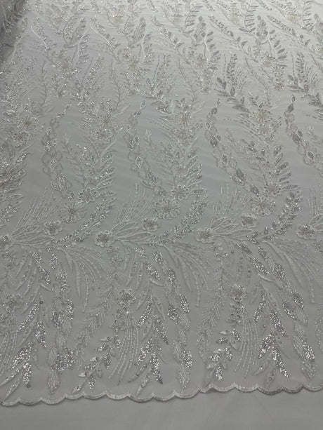 Feather And Vine Beaded Lace Fabric - Feather And Vine Pattern, 54" Width (1 Yard)