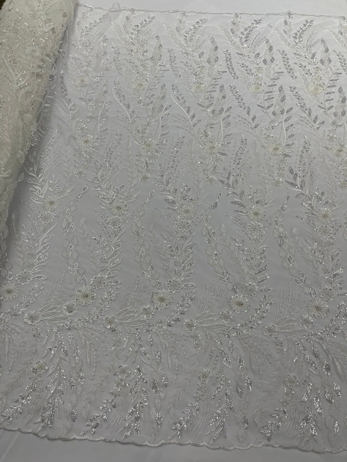 Feather And Vine Beaded Lace Fabric - Feather And Vine Pattern, 54" Width (1 Yard)
