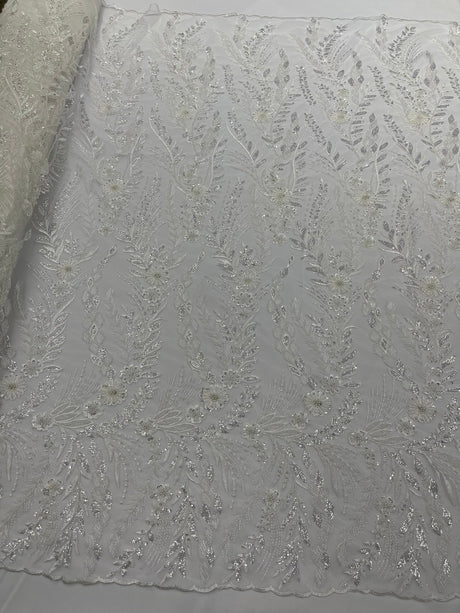 Feather And Vine Beaded Lace Fabric - Feather And Vine Pattern, 54" Width (1 Yard)