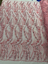 Feather And Vine Beaded Lace Fabric - Feather And Vine Pattern, 54" Width (1 Yard)