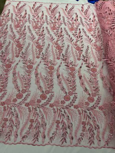Feather And Vine Beaded Lace Fabric - Feather And Vine Pattern, 54" Width (1 Yard)