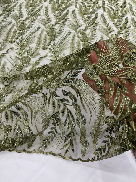 Feather And Vine Beaded Lace Fabric - Feather And Vine Pattern, 54" Width (1 Yard)