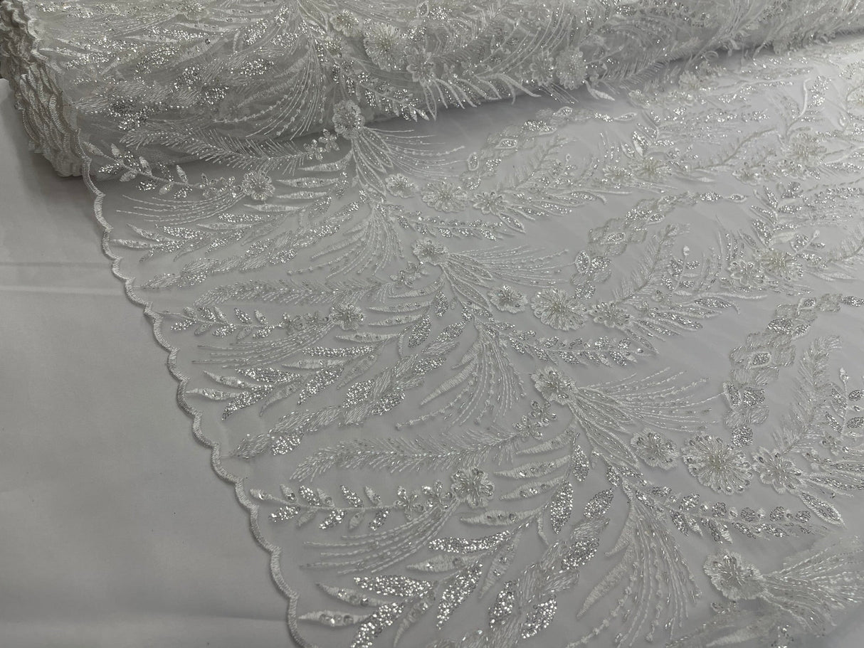 Feather And Vine Beaded Lace Fabric - Feather And Vine Pattern, 54" Width (1 Yard)