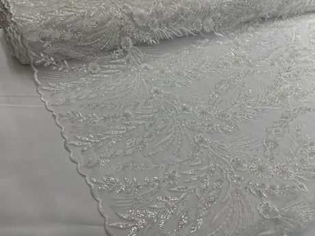Feather And Vine Beaded Lace Fabric - Feather And Vine Pattern, 54" Width (1 Yard)