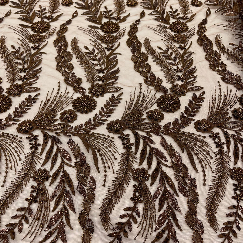 Feather And Vine Beaded Lace Fabric - Feather And Vine Pattern, 54" Width (1 Yard)