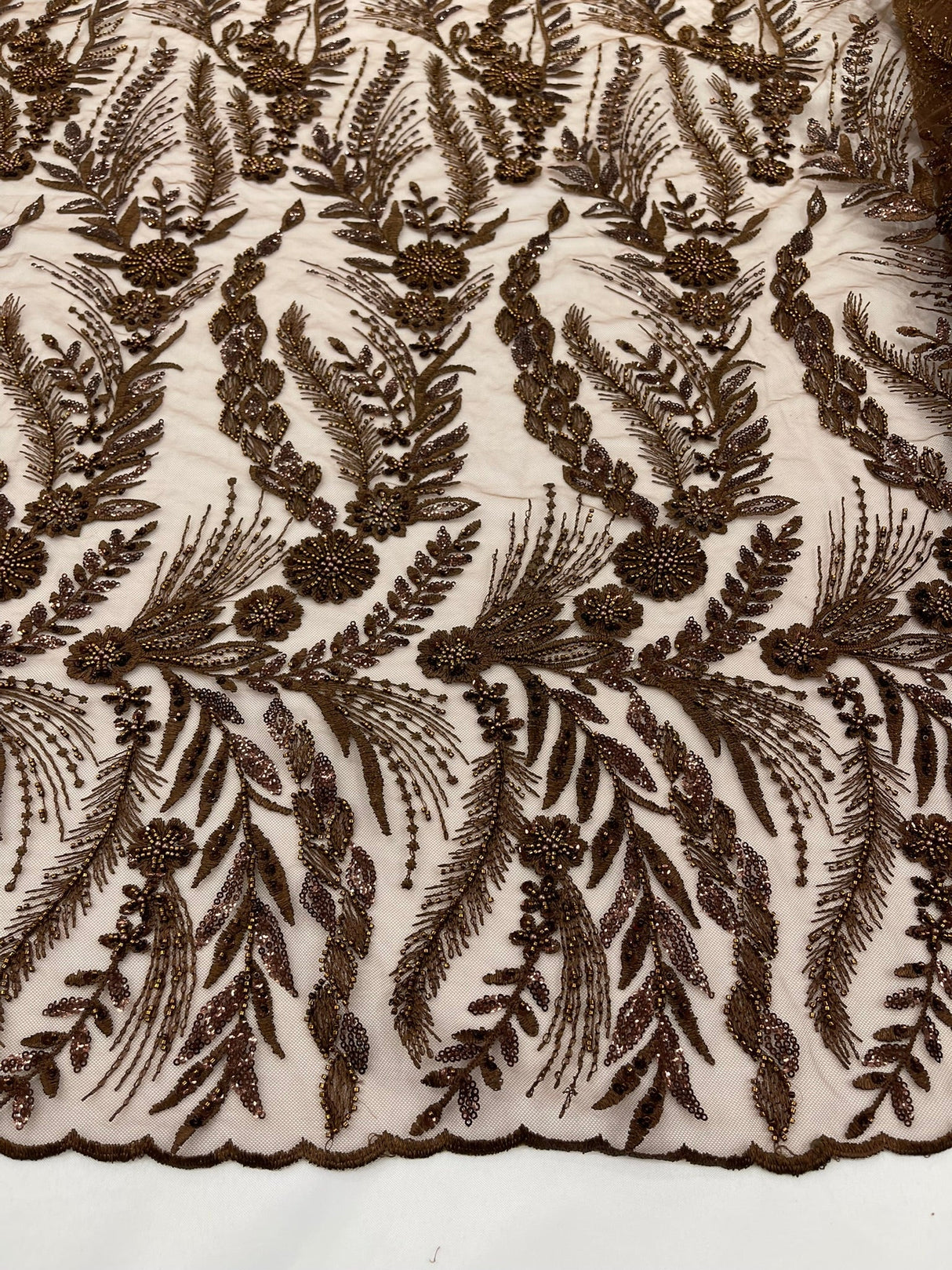Feather And Vine Beaded Lace Fabric - Feather And Vine Pattern, 54" Width (1 Yard)