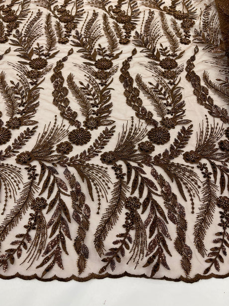 Feather And Vine Beaded Lace Fabric - Feather And Vine Pattern, 54" Width (1 Yard)