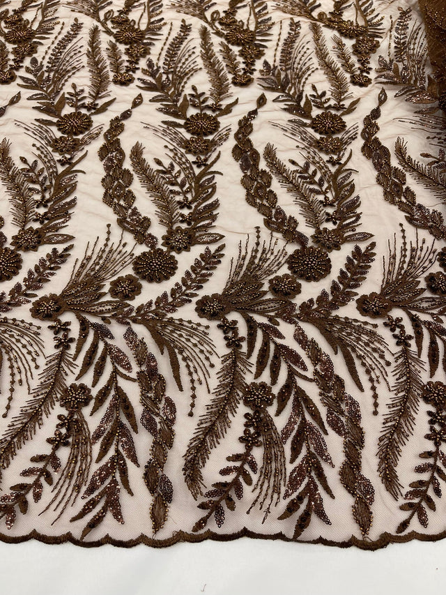Feather And Vine Beaded Lace Fabric - Feather And Vine Pattern, 54" Width (1 Yard)