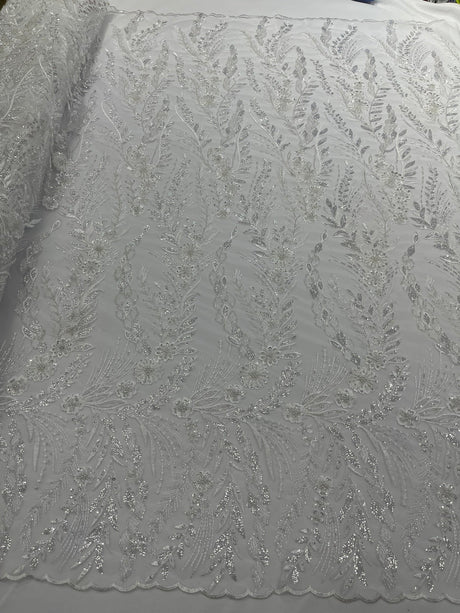 Feather And Vine Beaded Lace Fabric - Feather And Vine Pattern, 54" Width (1 Yard)