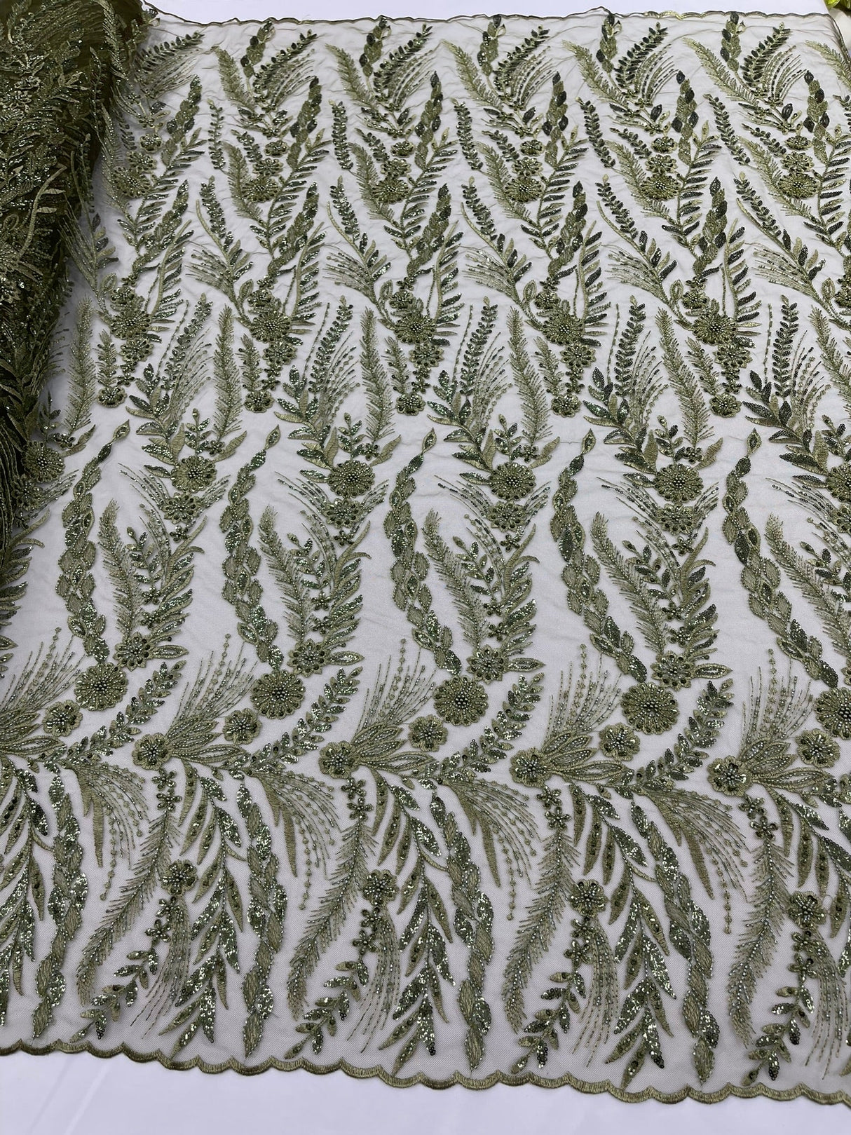 Feather And Vine Beaded Lace Fabric - Feather And Vine Pattern, 54" Width (1 Yard)