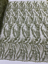 Feather And Vine Beaded Lace Fabric - Feather And Vine Pattern, 54" Width (1 Yard)
