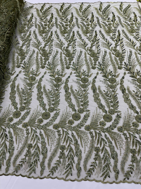 Feather And Vine Beaded Lace Fabric - Feather And Vine Pattern, 54" Width (1 Yard)
