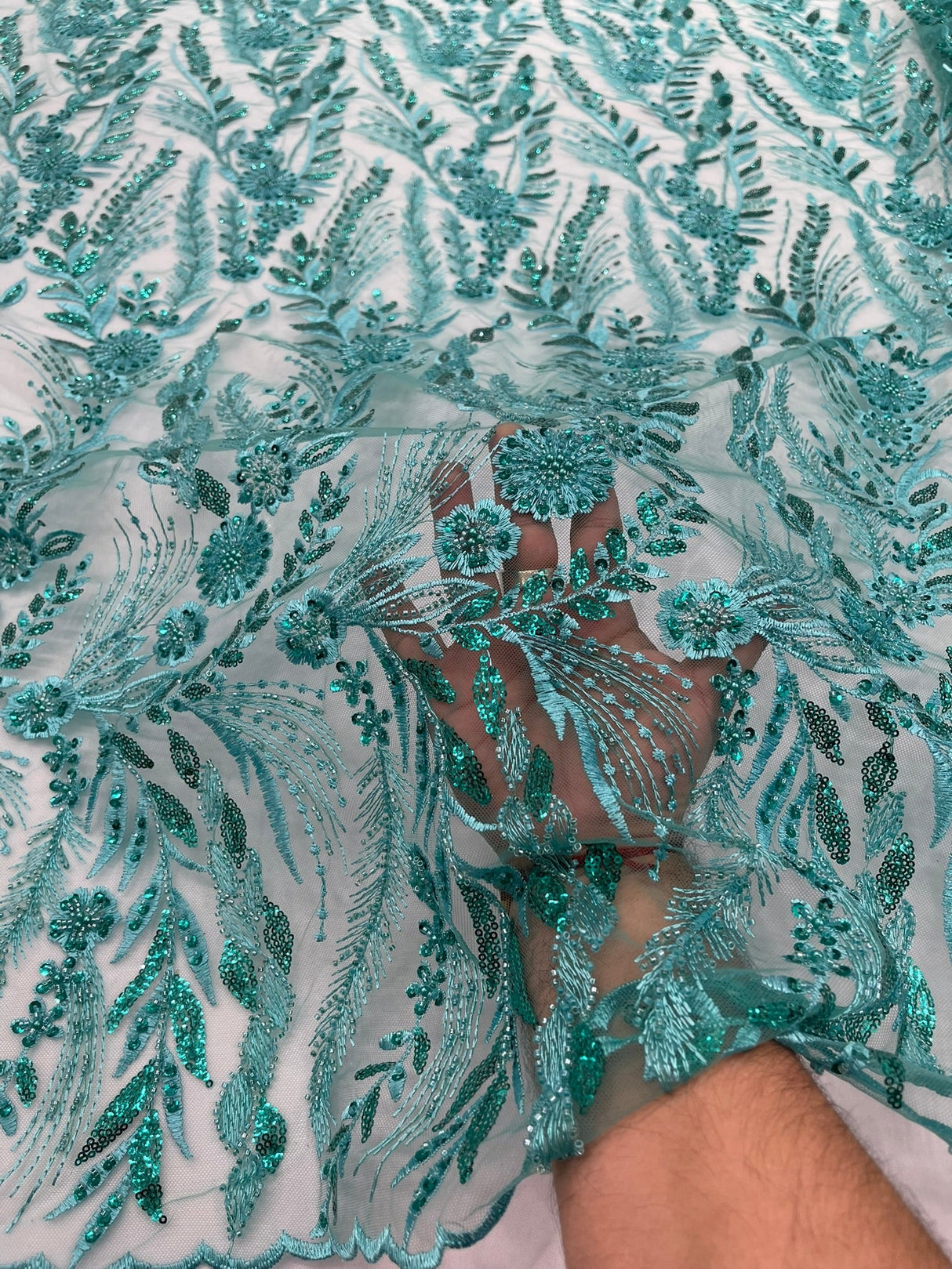 Feather And Vine Beaded Lace Fabric - Feather And Vine Pattern, 54" Width (1 Yard)