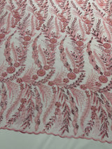 Feather And Vine Beaded Lace Fabric - Feather And Vine Pattern, 54" Width (1 Yard)