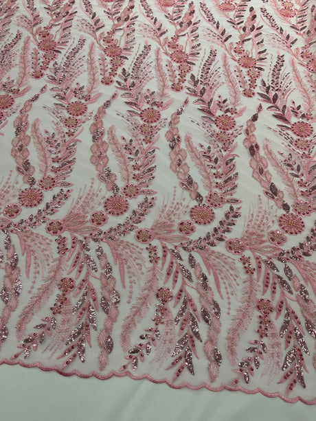 Feather And Vine Beaded Lace Fabric - Feather And Vine Pattern, 54" Width (1 Yard)