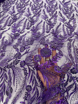 Feather And Vine Beaded Lace Fabric - Feather And Vine Pattern, 54" Width (1 Yard)