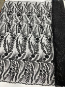 Feather And Vine Beaded Lace Fabric - Feather And Vine Pattern, 54" Width (1 Yard)