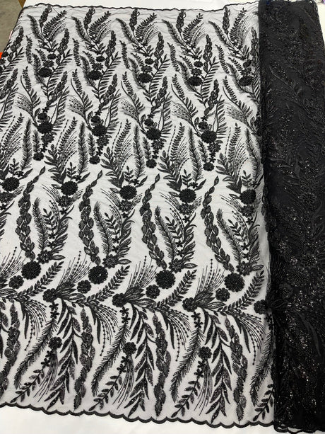 Feather And Vine Beaded Lace Fabric - Feather And Vine Pattern, 54" Width (1 Yard)
