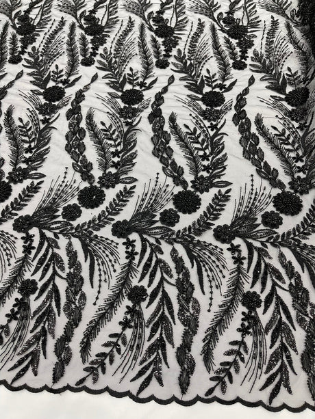 Feather And Vine Beaded Lace Fabric - Feather And Vine Pattern, 54" Width (1 Yard)
