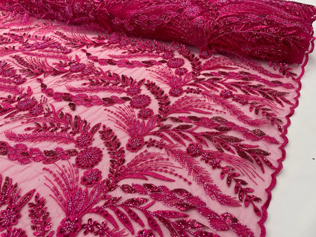Feather And Vine Beaded Lace Fabric - Feather And Vine Pattern, 54" Width (1 Yard)