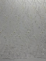 Feather And Vine Beaded Lace Fabric - Feather And Vine Pattern, 54" Width (1 Yard)