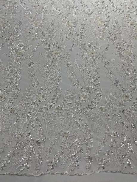 Feather And Vine Beaded Lace Fabric - Feather And Vine Pattern, 54" Width (1 Yard)