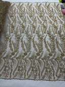 Feather And Vine Beaded Lace Fabric - Feather And Vine Pattern, 54" Width (1 Yard)