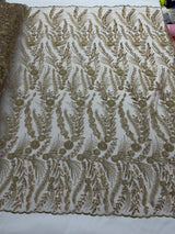 Feather And Vine Beaded Lace Fabric - Feather And Vine Pattern, 54" Width (1 Yard)