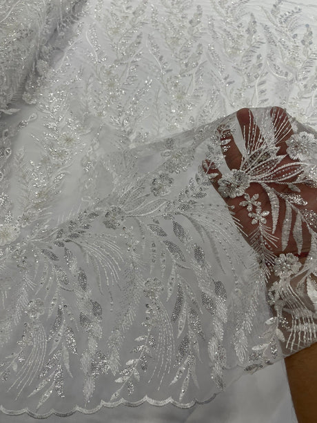 Feather And Vine Beaded Lace Fabric - Feather And Vine Pattern, 54" Width (1 Yard)