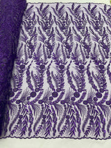 Feather And Vine Beaded Lace Fabric - Feather And Vine Pattern, 54" Width (1 Yard)