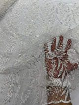 Feather And Vine Beaded Lace Fabric - Feather And Vine Pattern, 54" Width (1 Yard)