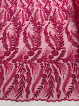 Feather And Vine Beaded Lace Fabric - Feather And Vine Pattern, 54" Width (1 Yard)