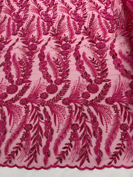 Feather And Vine Beaded Lace Fabric - Feather And Vine Pattern, 54" Width (1 Yard)