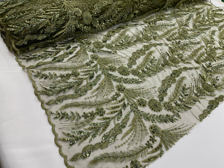 Feather And Vine Beaded Lace Fabric - Feather And Vine Pattern, 54" Width (1 Yard)